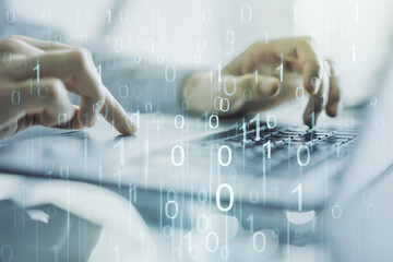 Aufkleber - Creative concept of binary code illustration and hands typing on laptop on background. Big data and coding concept. Multiexposure
