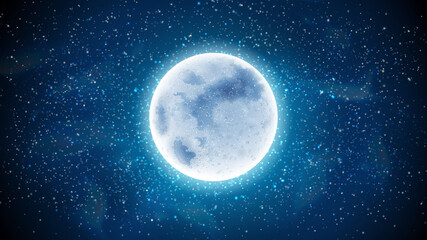starry sky with full moon shining bright. vector flat cartoon, summer skyline landscape. tranquil ni