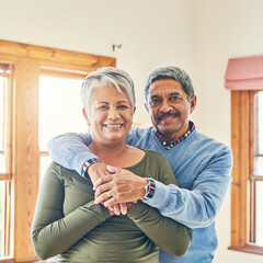 Sticker - Weve been together since we were teenagers. Portrait of an affectionate senior couple posing together in their home.