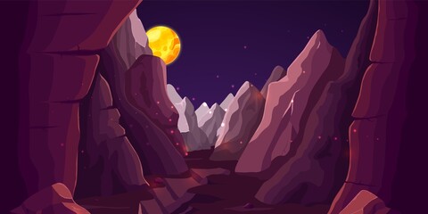 Wall Mural - gorge in rocks or mountains at night. game location, magic world with planet and stones. travel in w