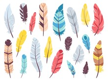 Tribal Feathers Set. Flat Doodle Feather, Bird Plumage Collection. Indian Boho Decorative Elements, Art Vintage Design. Isolated Ethnic Decent Vector Clipart