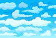 Cartoon clouds on blue sky. White cloud flying print, simple aerial landscape. Natural border, spring summer cloudy weather. Heaven neoteric vector seamless pattern