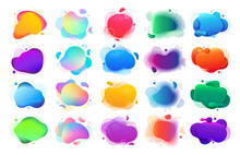 Liquid Shapes And Forms, Blobs With Gradient Color. Vector Flat Cartoon, Isolated Set Of Stain Spot Design, Typography Or Banner With Copy Space. Abstract Artistic Design, Flyer Or Logotype