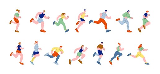 Wall Mural - Runner characters. Teen moving, running cartoon athletes. Activities and rush, young flat sportsman run. Jogging man woman in sportswear kicky vector set