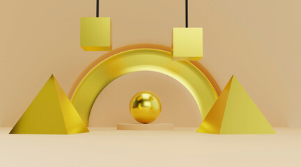 Wall Mural - golden geometric shapes in abstract beige floor studio room. 3d render