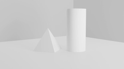 Wall Mural - white geometric shapes on white studio floor, 3d render