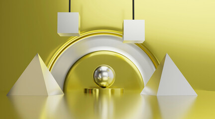 Wall Mural - silver geometric shapes in floor studio room gold. 3d render