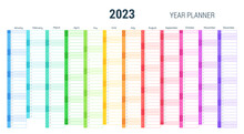 Year Planner, 2023 Calendar With Monthly Vertical Grid In Rainbow Colors. Template Planner For Schedule, Events And Holidays. Vector Business Organizer, Calender Grid