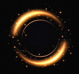 Gold light circle with sparkles. Light golden Spiral. Curve light effect of golden line. Flash flies in a circle in a luminous ring.