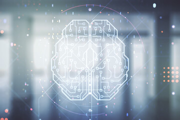 Poster - Double exposure of creative artificial Intelligence interface on empty modern office background. Neural networks and machine learning concept