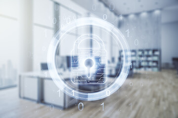 Poster - Virtual creative lock illustration with microcircuit on a modern furnished classroom background, cyber security concept. Multiexposure