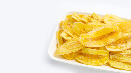 Banana slice chips on white background