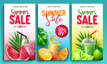 Summer Sale Vector Poster Set. Summer Sale Text In Limited Time Offer With Tropical Season Fruits And Drinks For Seasonal Holiday Business Promo Ads. Vector Illustration.