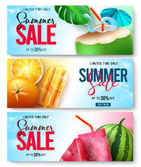 Sticker - Summer sale vector banner set. Summer sale text in fruits and drinks design with promo discount for seasonal limited time shopping and travel ads collection. Vector illustration.