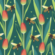 Vector seamless pattern with bees flying among tulips