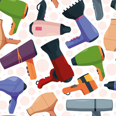 Poster - Beauty salon pattern. Hairdryer barbershop tools pictures for textile design projects garish vector seamless background