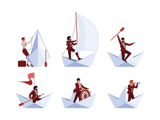 Poster - businessman on boat. office leader managers bosses moving on paper ship travelling characters teamwo