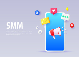 Social media marketing concept banner. Mobile phone with 3D icons.