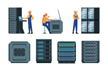 Poster - Servers engineer. Data center workers administrators making wireless internet control center repair servers garish vector colored set