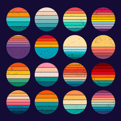 Sunset retro logo. California banners 1980 templates circle colored vintage pictures for badges recent vector ilustrations set