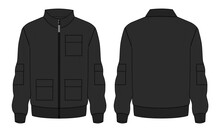 Long Sleeve Jacket With Pocket And Zipper Technical Fashion Flat Sketch Vector Illustration Black Color  Template Front And Back Views. Fleece Jersey Sweatshirt Jacket For Men's And Boys.