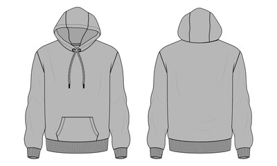 Long sleeve Hoodie technical fashion flat sketch vector illustration Grey Color template front and back views. Fleece jersey sweatshirt hoodie mock up for men's and boys.