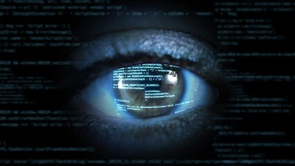 4K Young man eye futuristic innovative technology vr mask with virtual reality holograms Coding background. innovation, technology, gaming. Computer script, software developer, Web Page Code.