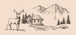© bioraven - Mountains and house with deer vector. Nature landscape