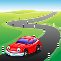 Poster - Cartoon red car driving on the road.