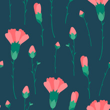 Seamless Carnation Flower Pattern. Floral Background, Wallpaper, Wrapping, Packing Paper. Elegance Pattern With Realistic Pink Flowers.