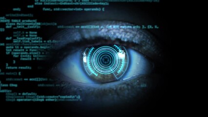4K Futuristic digital eye scanner Software Programming source code Loop Animation. Programming code on computer screen. Developer working program codes in office. Source code. Technology background.