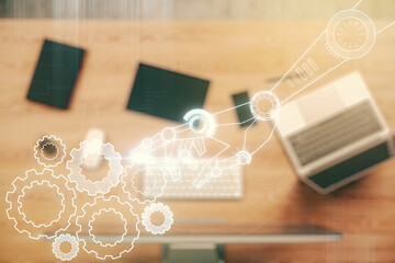 Aufkleber - Creative abstract robotics technology sketch on modern laptop background, future technology and AI concept. Double exposure