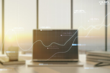 Poster - Multi exposure of creative statistics data hologram on laptop background, stats and analytics concept