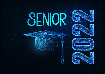 Wall Mural - Futuristic Graduation, senior 2022 web banner concept with glowing low polygonal graduation cap