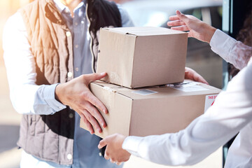 Aufkleber - Making a safe and speedy handover. Closeup shot of an unrecognisable man making a delivery to a customer.