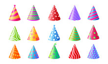 Birthday Hat. Cartoon Cone Party Hat With Colorful Prints, Party Celebration Headwear. Vector Set