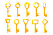 Cartoon keys. Metal golden and steel vintage keys collection. Vector security tool illustration