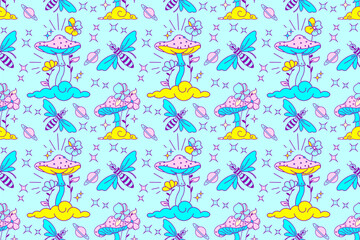 Cheerful mushrooms. Seamless pattern. Vibrant vector illustration. Doodle Hand drawn cartoon shrooms. Blue background, wallpaper, wrapping paper 