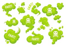 Green Fart. Funny Stinky Clouds With Skull Text, Pu Farts Bomb Toxic Trail Vapor Cute Steam Chemicals Smoke, Body Bad Scent Garbage Odor Effect, Neat Background Vector Illustration