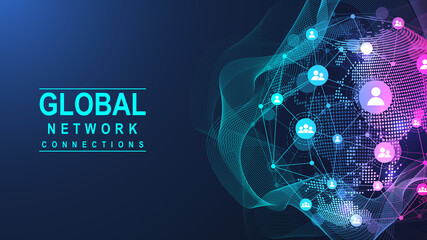 Global network connection concept. Big data visualization. Social network communication in the global computer networks. Internet technology. Business. Science. Vector illustration
