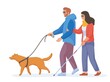 Guide Dog. Blind girl with helper animal guides assistance, blinds woman and man poor sight in eyesight glasses, handicap person service vision diseases, swanky vector illustration