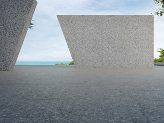 Wall Mural - Gray concrete wall on empty outdoor terrace near garden in modern city park. Plaza 3d rendering with beach and sea view.