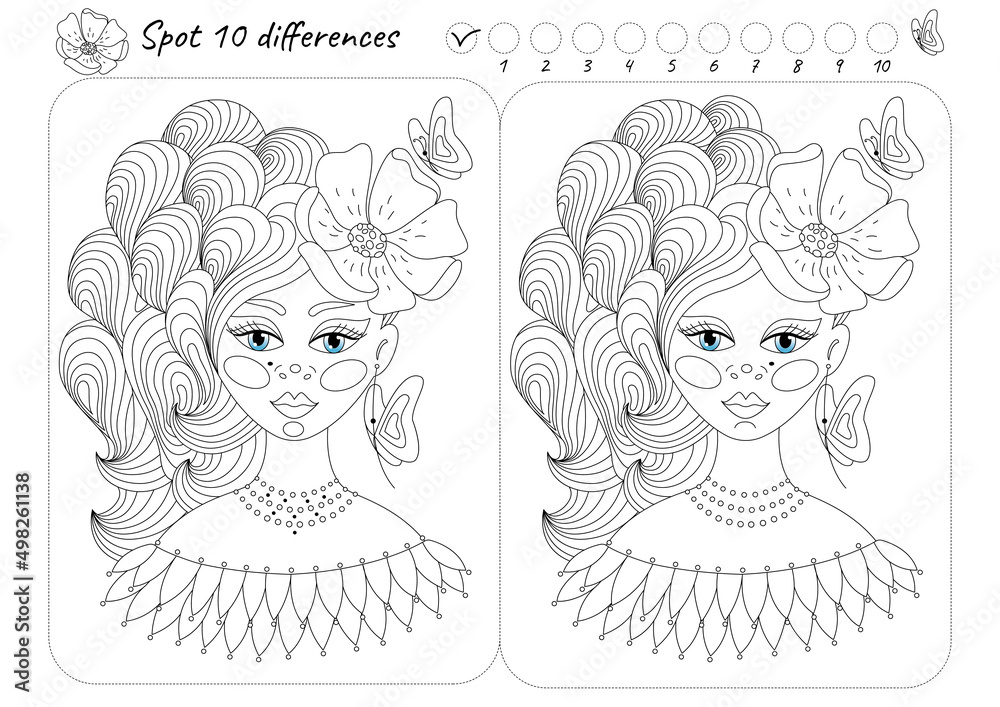 Spot Find the ten differences picture puzzle and coloring page with a ...
