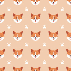  Corgi seamless pattern. Cute smiling welsh corgi faces and paw prints. Happy dog characters. Stylish vector background.