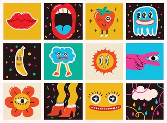 Poster - Big Set of Different colored Vector illustartions for posters in Cartoon Flat design. Hand drawn Abstract shapes, faces, different texture, greek elements, funny Comic characters.