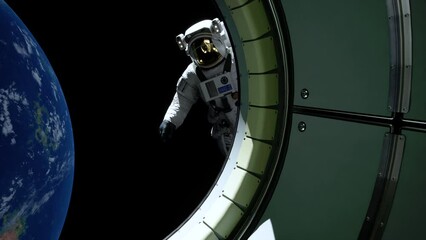 Wall Mural - View from the space station porthole. An astronaut floats in space in Earth orbit. Beautiful High Detailed 3d Animation.