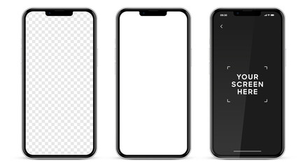 Realistic smartphone mockup isolated with transparent screens. Smart phone mockup collection. Device front view. 3D mobile phone with shadow on white background. Realistic, flat and line style