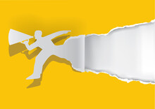 Running Man With Megaphone Tearing Yellow Paper. 
Illustration Of Torn Paper Male Silhouette. Template For Banner, Place For Your Text Or Image. Vector Available.