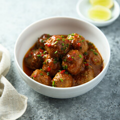 Canvas Print - Homemade meatballs with tomato sauce and chili