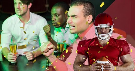 Poster - Animation of confetti and american football player over diverse group of friends drinking in bar